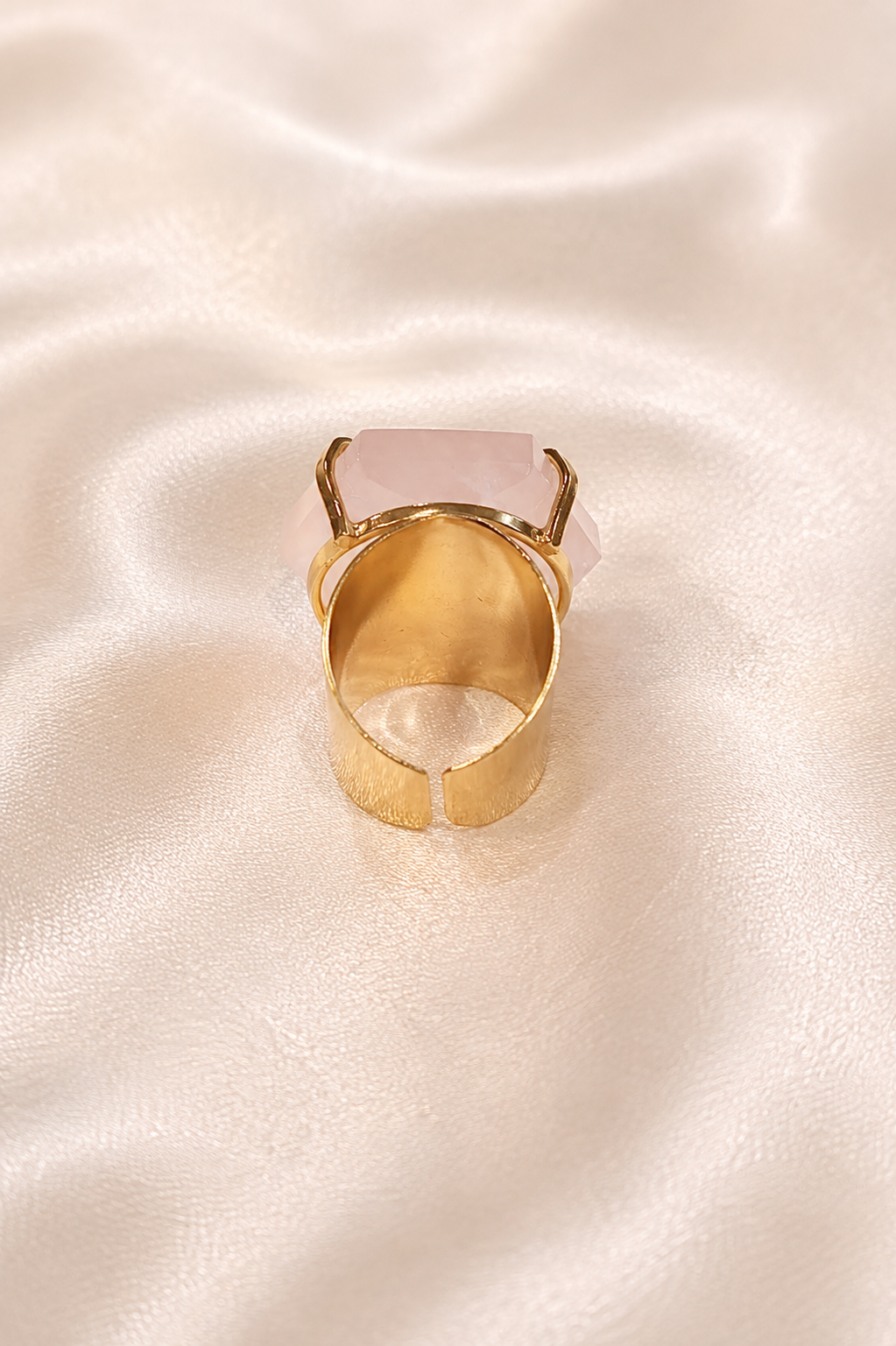 Rose Quartz Cuff Ring — Large Hexagon Faceted Gemstone, 18K Gold Plated