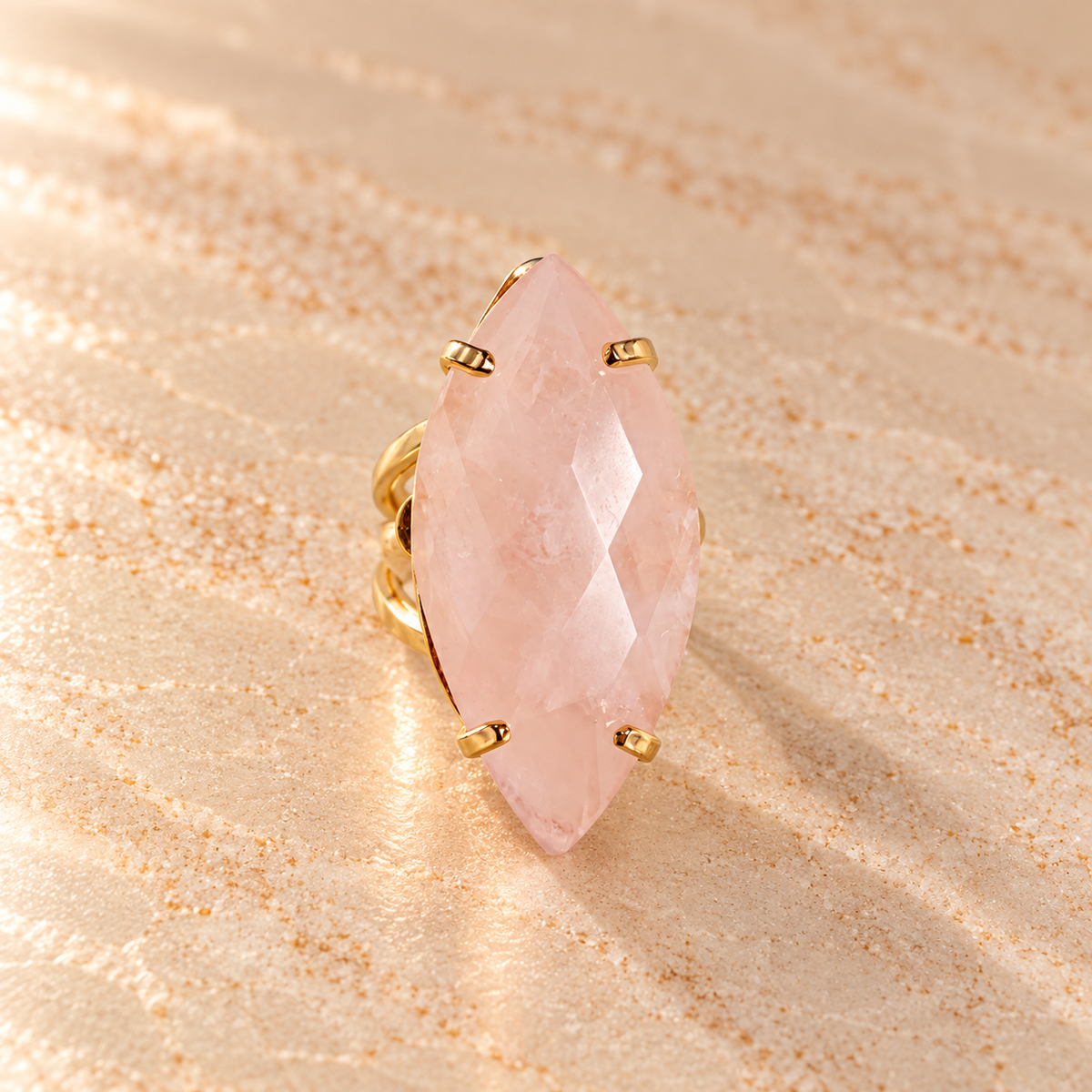 Rose Quartz Marquise Ring – 18K Gold Plated Adjustable Band