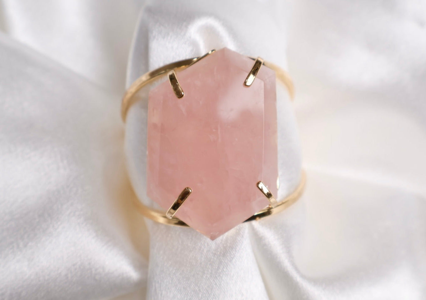 large faceted rose quartz statement cuff bracelet in 18k gold plated adjustable design AquaBrasil