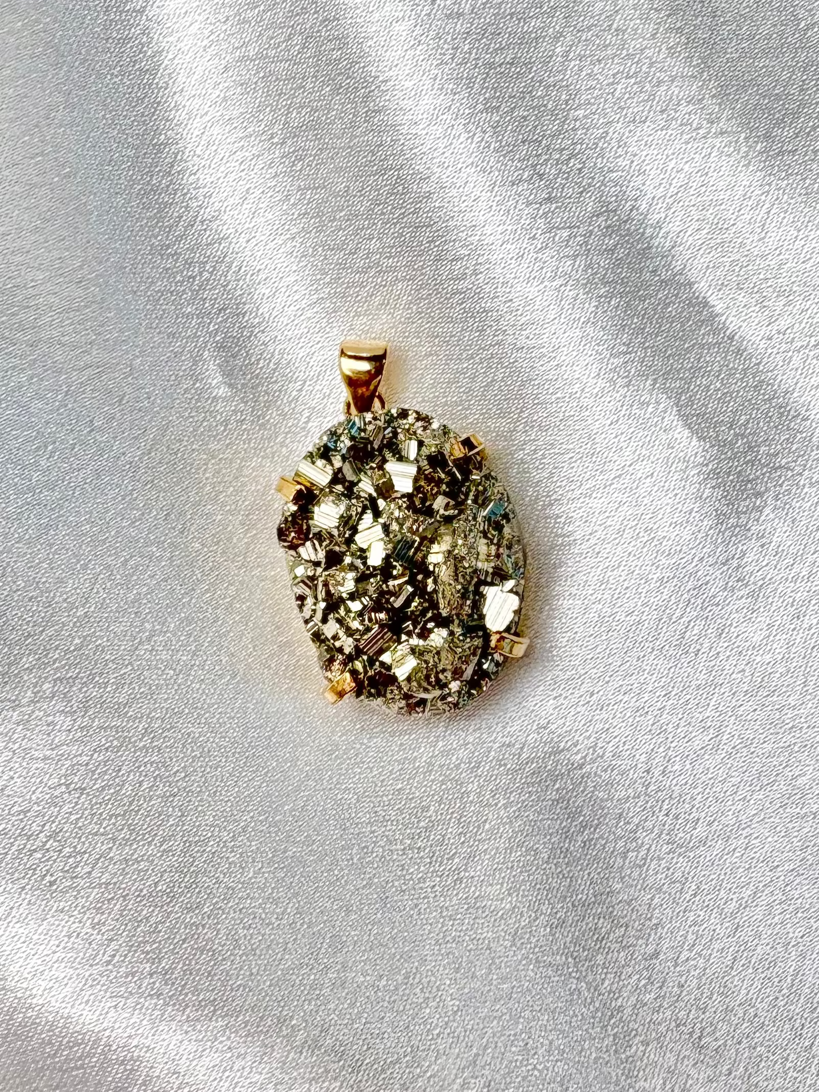Pyrite Pendant — Round & Moon-Shaped Statement Stones, 18K Gold Plated, Natural Gemstone Jewelry