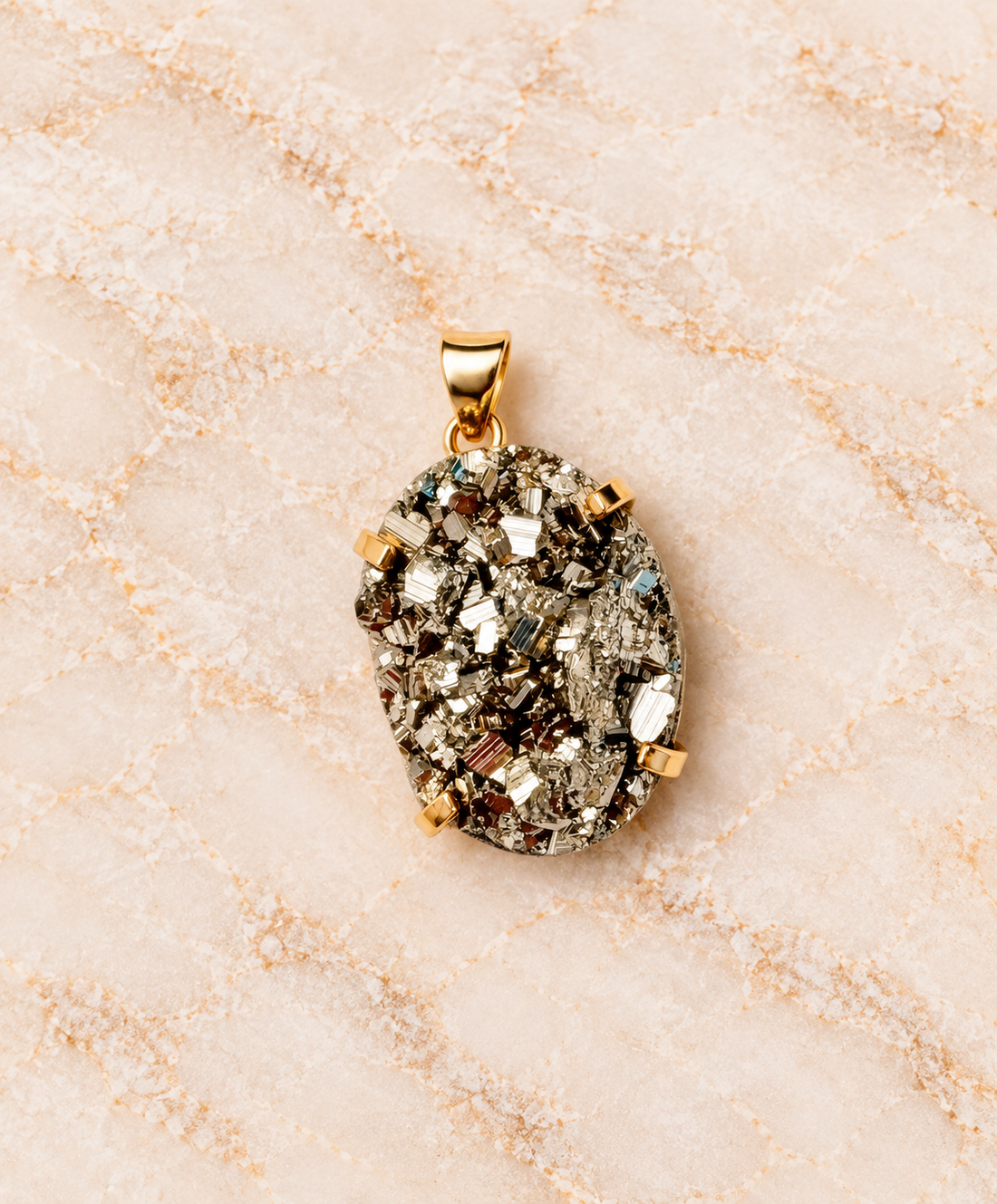 Pyrite Pendant — Round & Moon-Shaped Statement Stones, 18K Gold Plated, Natural Gemstone Jewelry