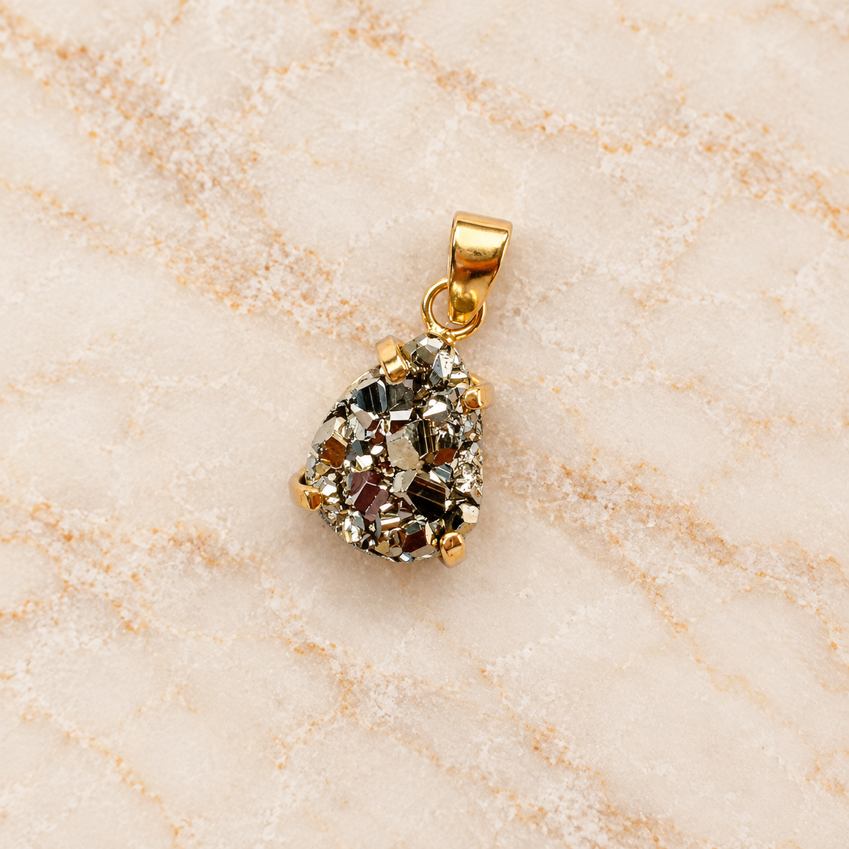 Pyrite Tear Drop Pendant – Hand-Cut Natural Stone 18K Gold Plated