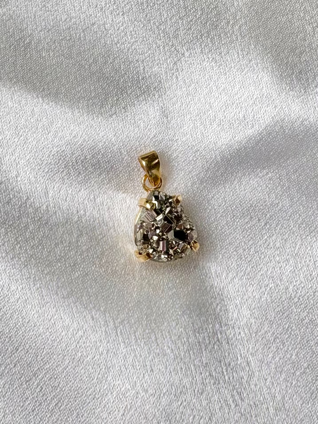 pyrite tear drop pendant handcrafted with natural stone and 18k gold plated details AquaBrasil jewelry