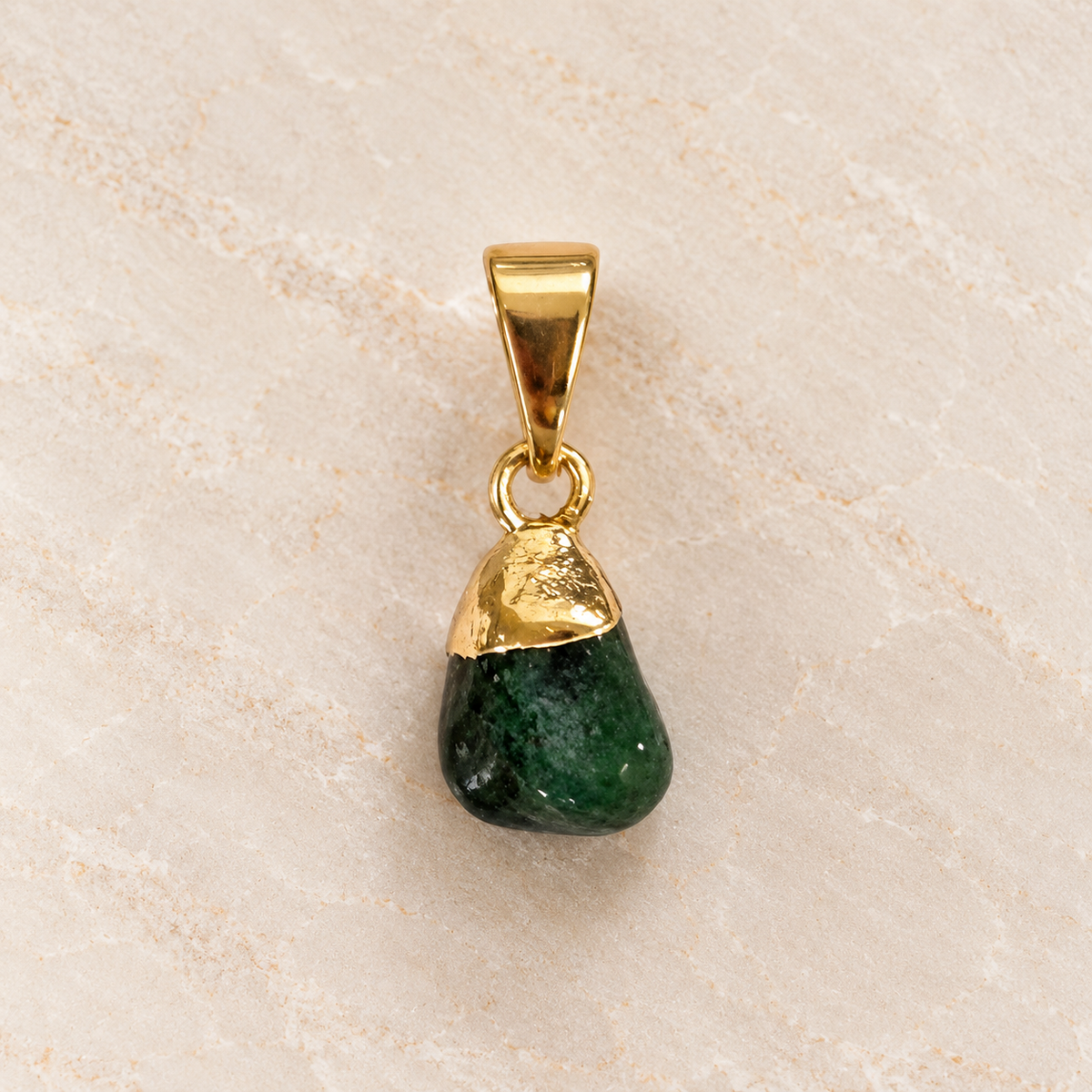 Natural Green Quartz Pendant — Tumbled Stone, 18K Gold Plated