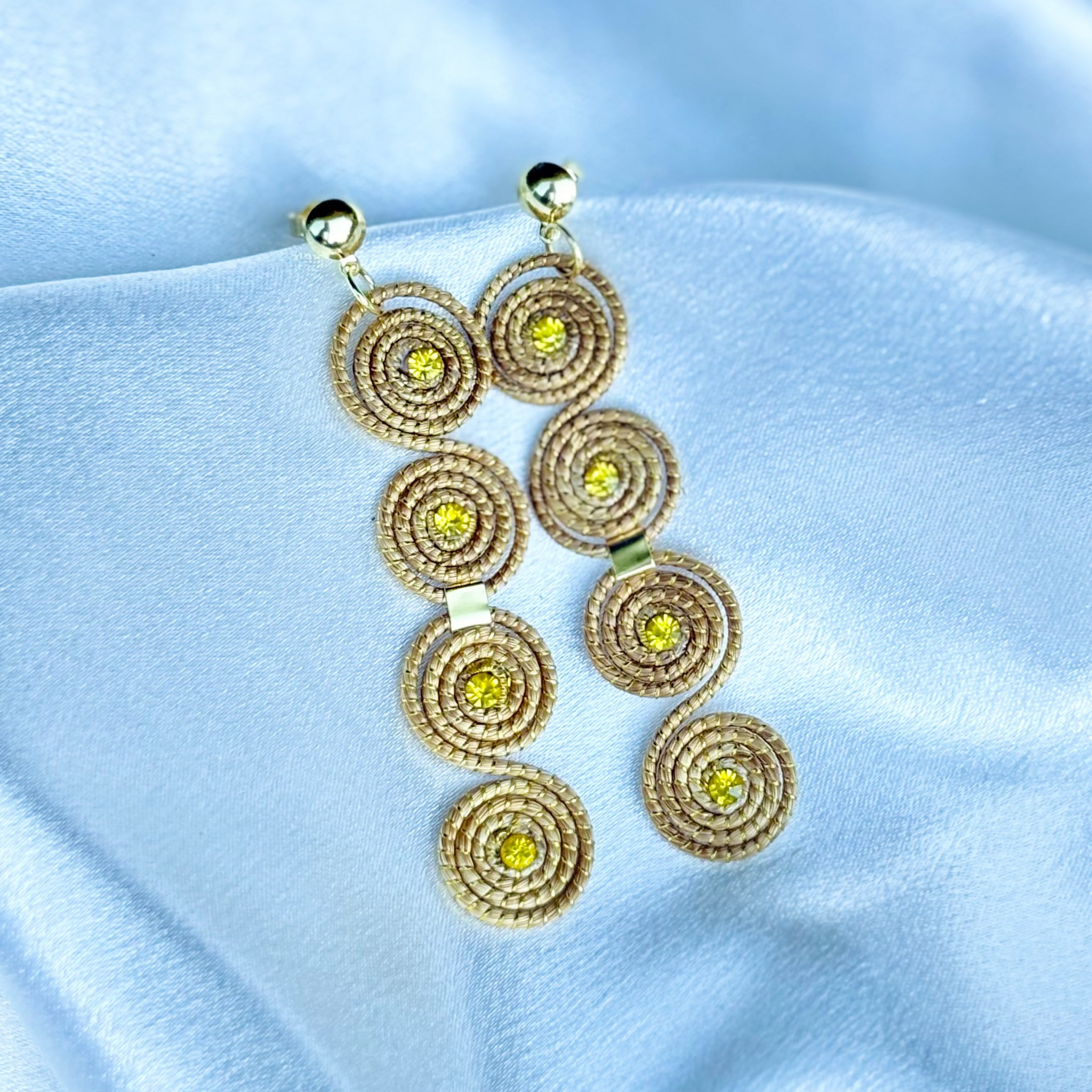 Solaris earrings golden grass and gold crystals handcrafted by AquaBrasil
