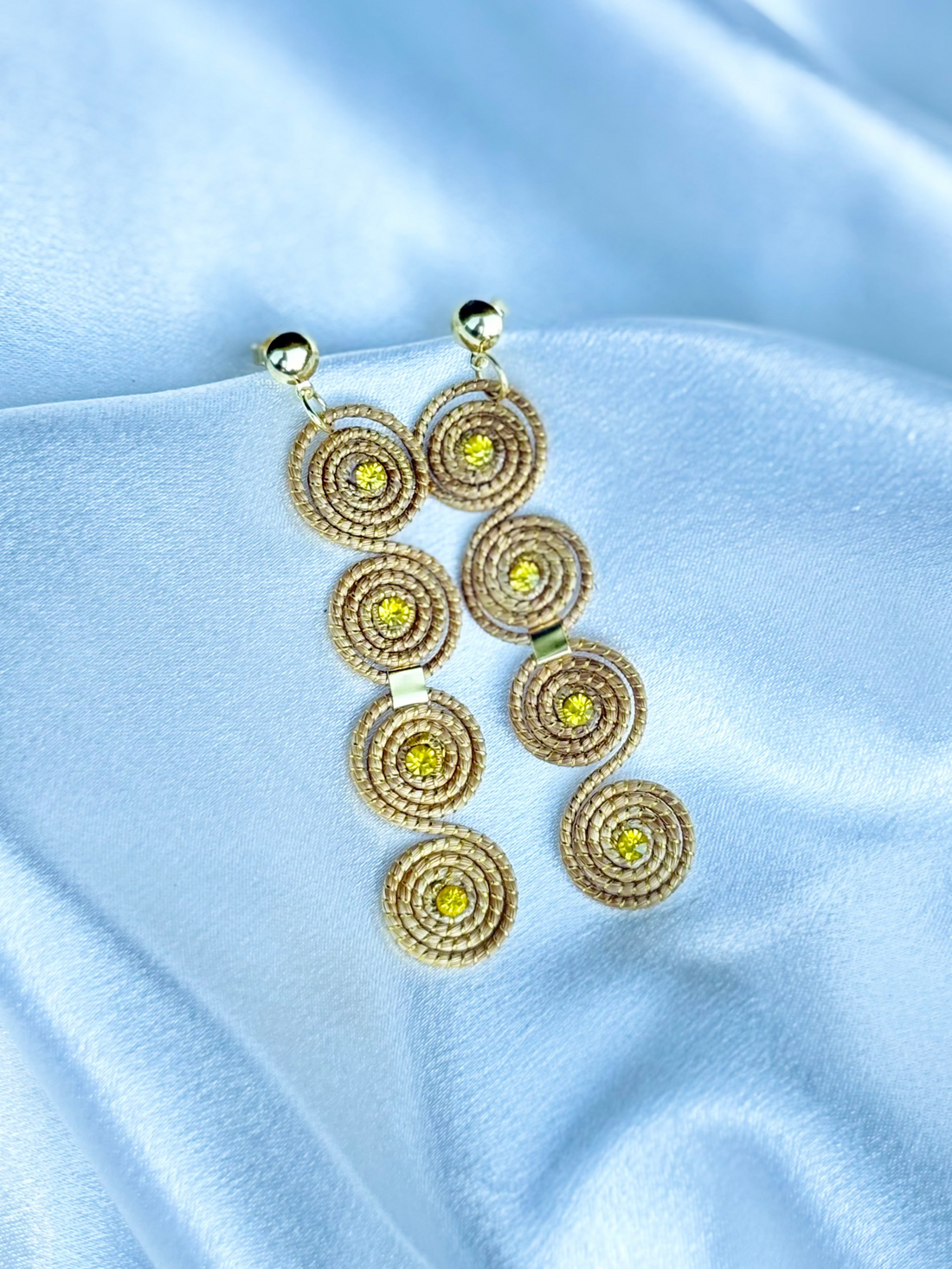 Solaris earrings golden grass and gold crystals handcrafted by AquaBrasil