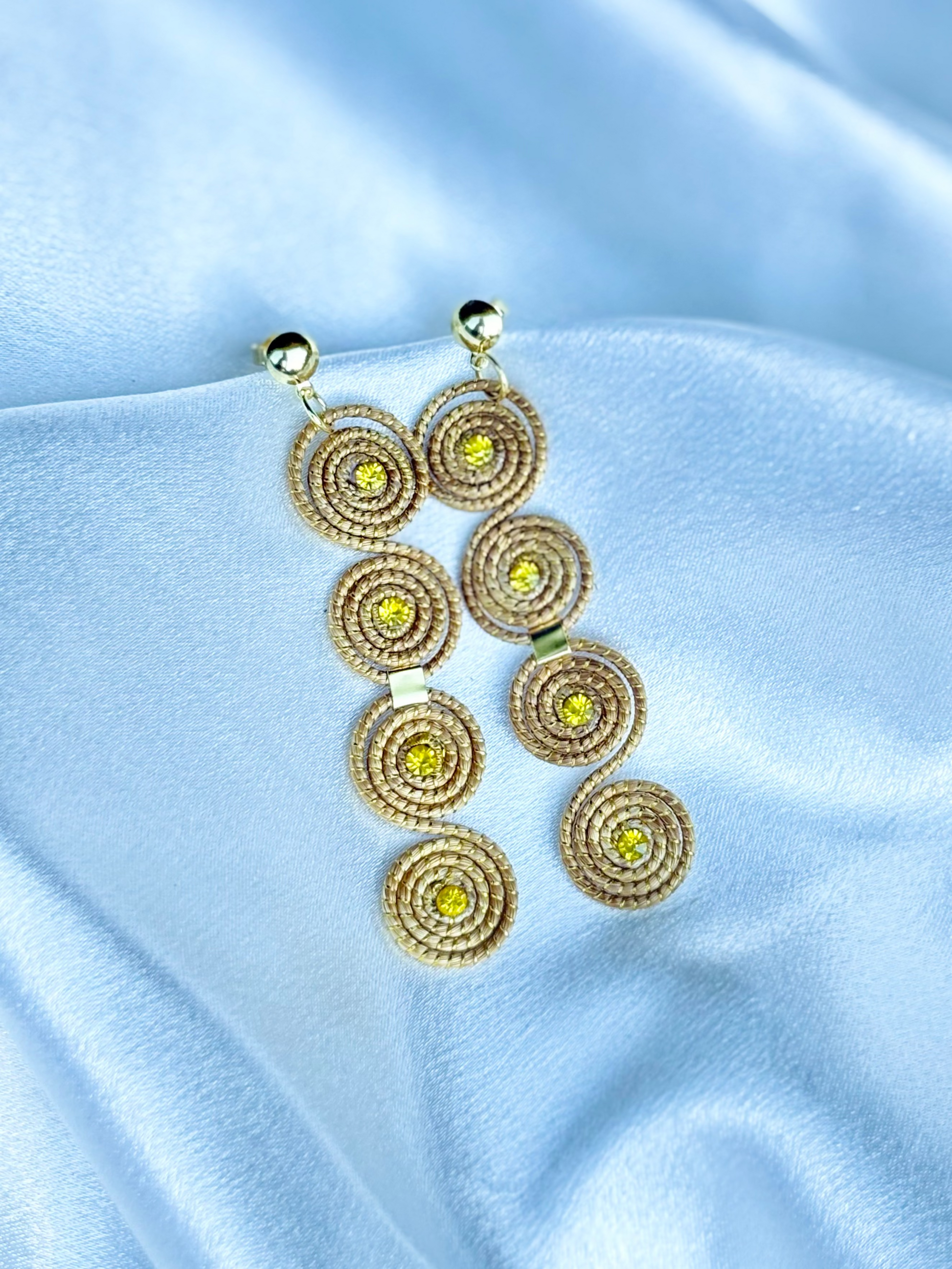 Solaris earrings golden grass and gold crystals handcrafted by AquaBrasil