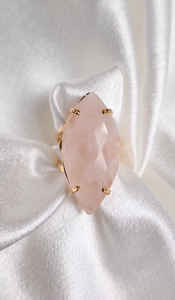 faceted marquise rose quartz ring on 18k gold plated adjustable band AquaBrasil