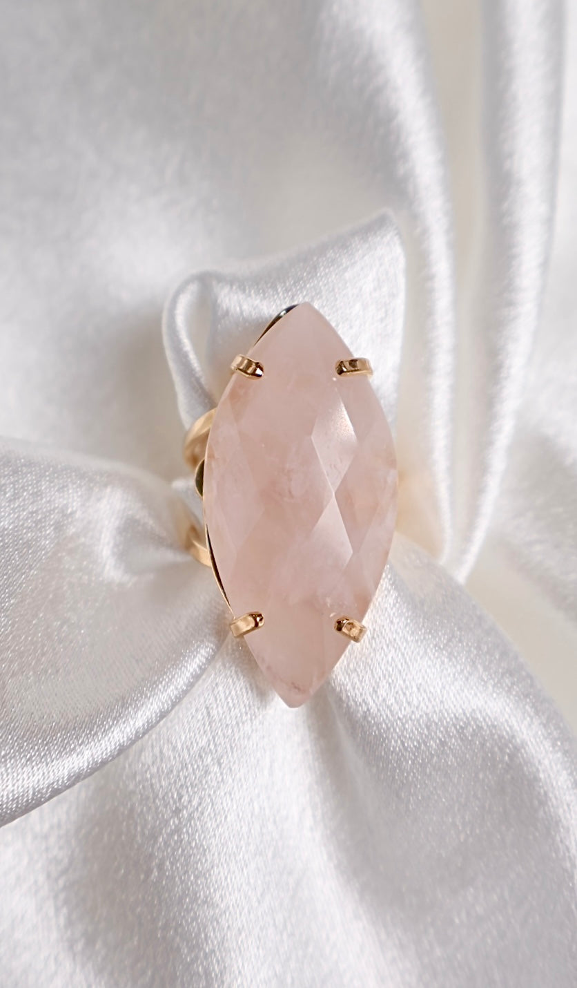 faceted marquise rose quartz ring on 18k gold plated adjustable band AquaBrasil