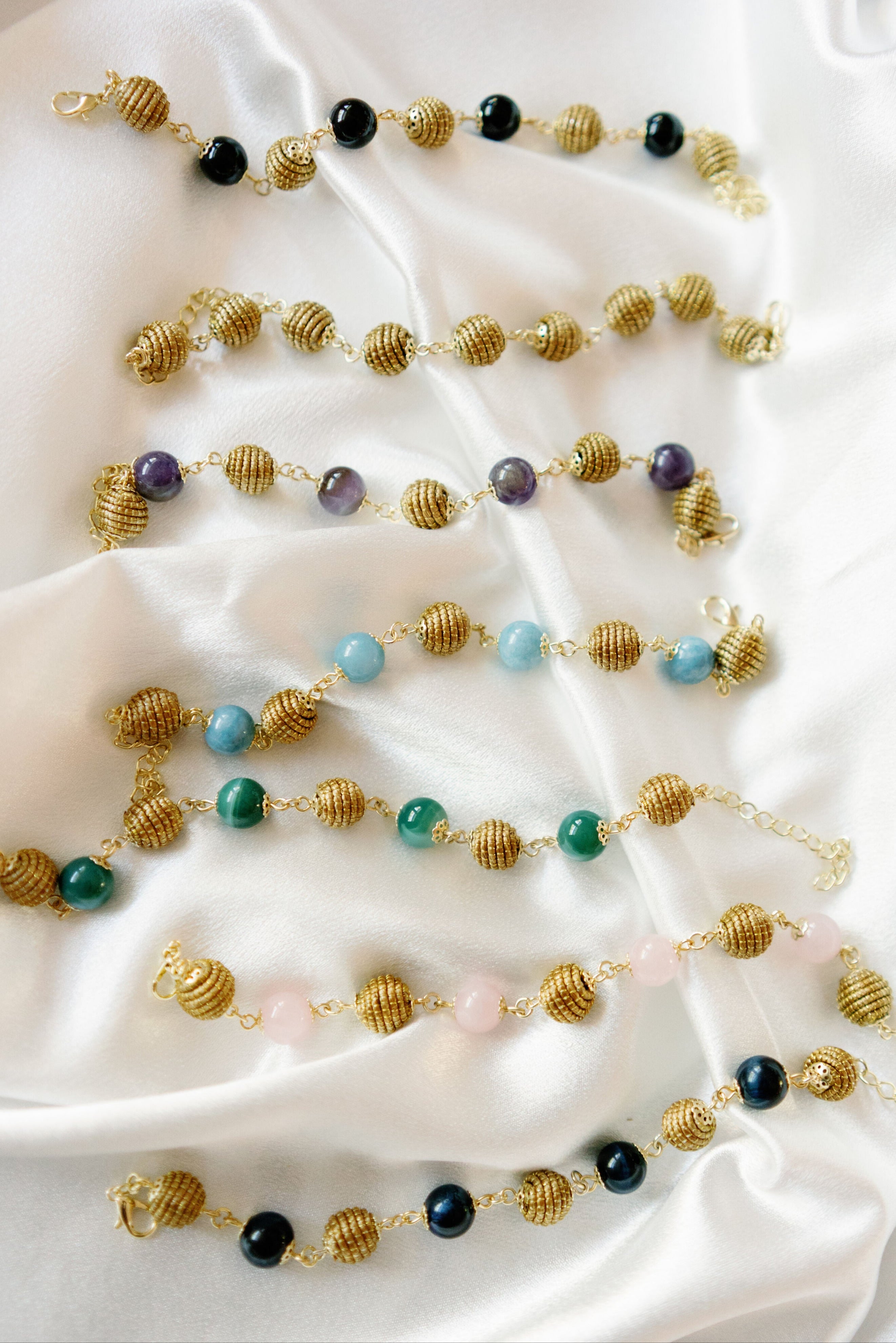 Golden Energy Bracelet — Handwoven Golden Grass & Genuine Gemstone Beads with 18K Gold Plated Accents