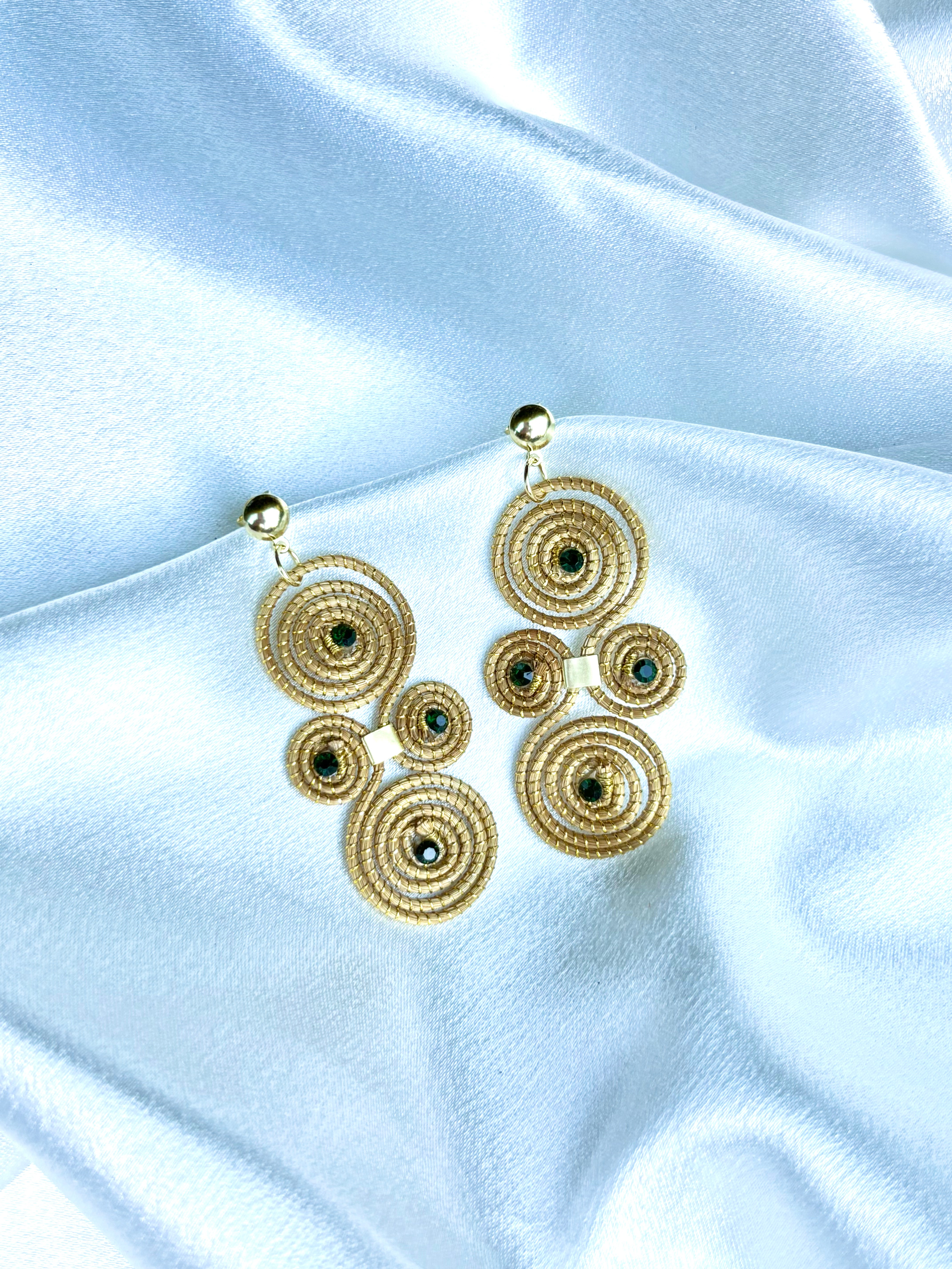 Verde earrings golden grass and green crystals handcrafted by AquaBrasil