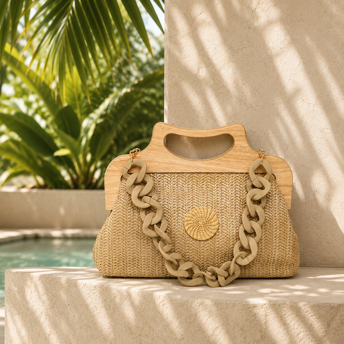 Natural fiber handbag with wooden handles and chunky acrylic chain strap.