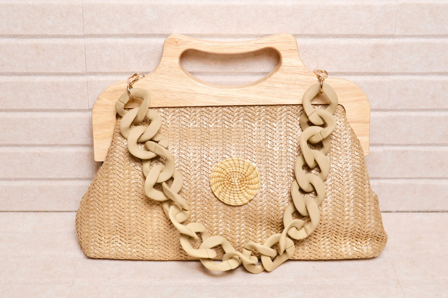 woven handbag with natural wood handle and golden grass mandala accent AquaBrasil