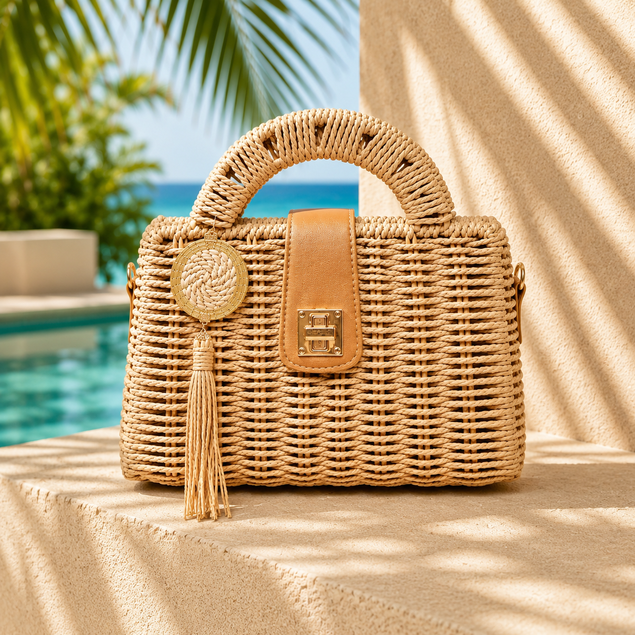 Woven resort handbag with structured top handles, tassel charm, and natural fiber design.